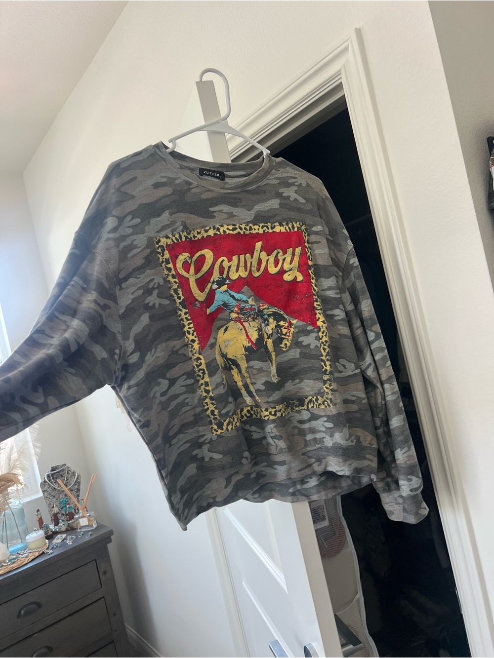 New-Never Worn - Cowboy Graphic Camo Pullover Sweater - Gray - Picture 2 of 2